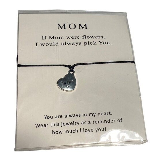 Mom Heart Charm Bracelet On Black Cord With Sentimental Quote Card Pendant - Picture 1 of 5